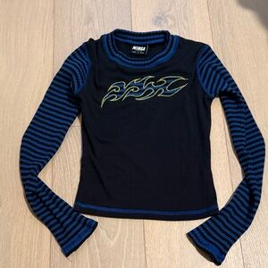 Minga London Black Top with Blue Stripes and Flame Design